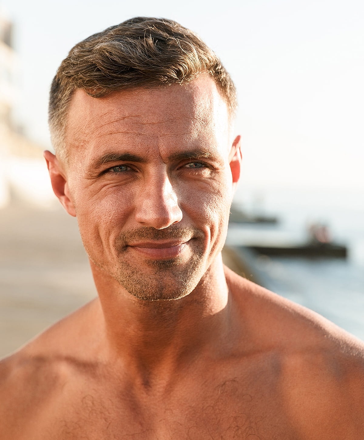 Young man in gray sweater against natural background.