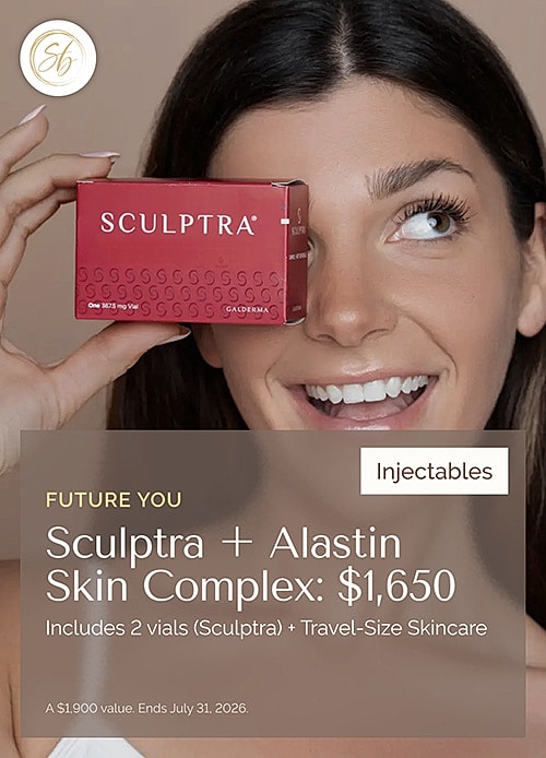 Sculptra promotional offer with happy woman.